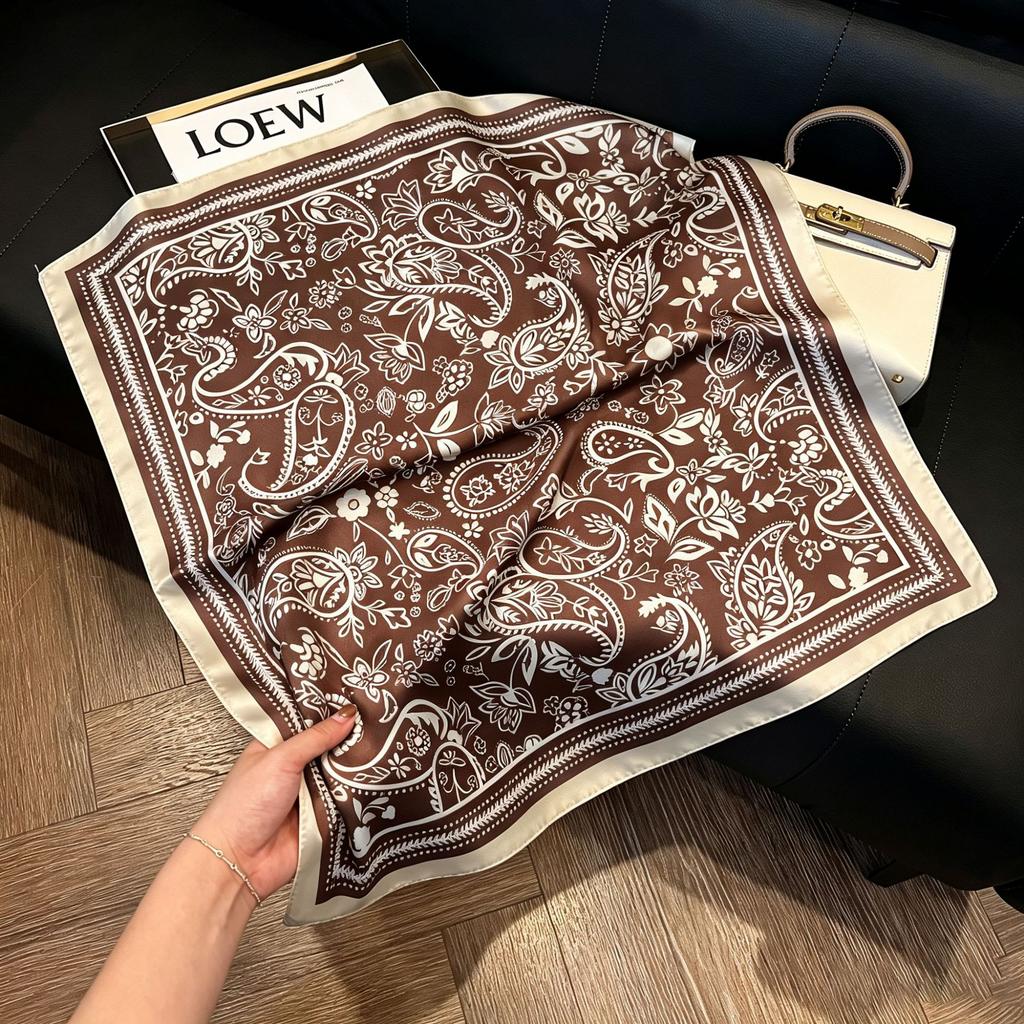 71Cm New Chinese Simulation Silk Square Scarf Soft and Skin-friendly Ink Flower Rhyme Printing Silk Scarf Neck Sunscreen Small Scarf