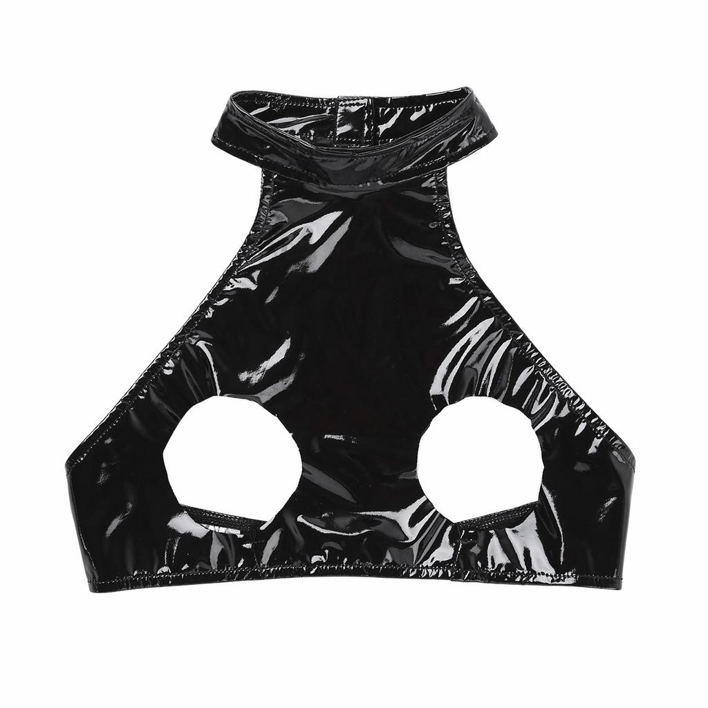 Sexy Women Wet Look Leather Cupless Cage Bra Top Sleeveless Halter Neck Backless Open Bust Crop Tank Tops Lingerie