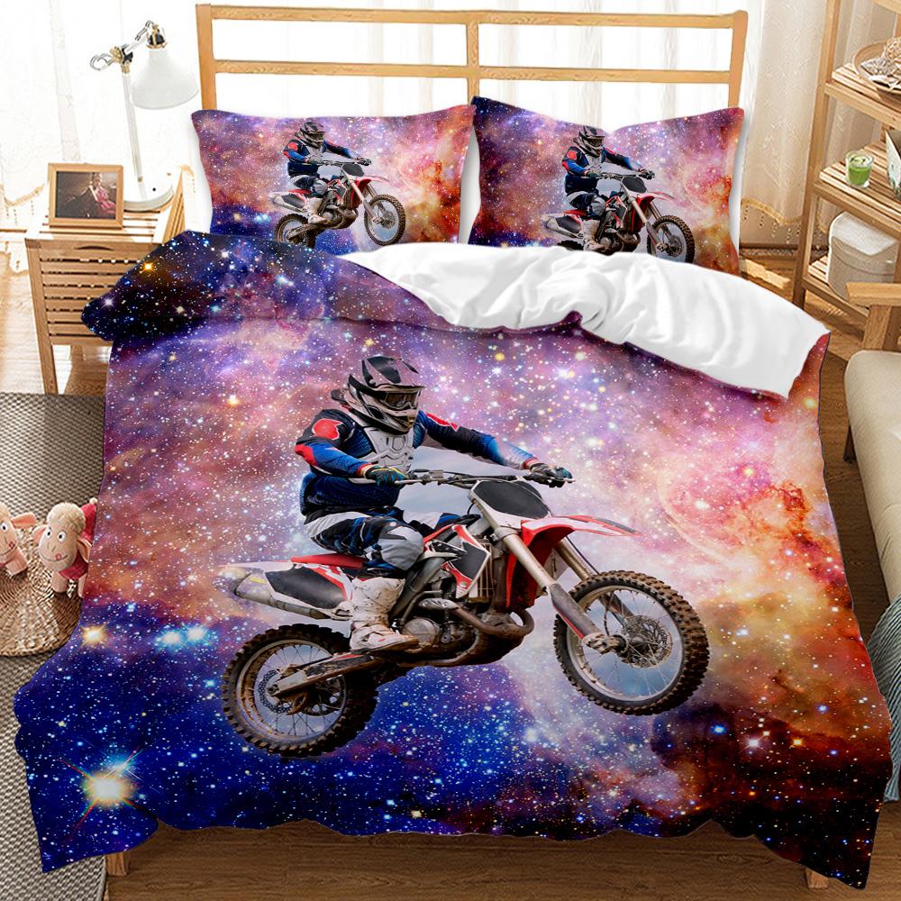 Motocross Rider Bedding Set Extreme Sports Themed Duvet Cover For Teens Motorcycle Pattern Comforter Cover Dirt Bike Duvet Cover