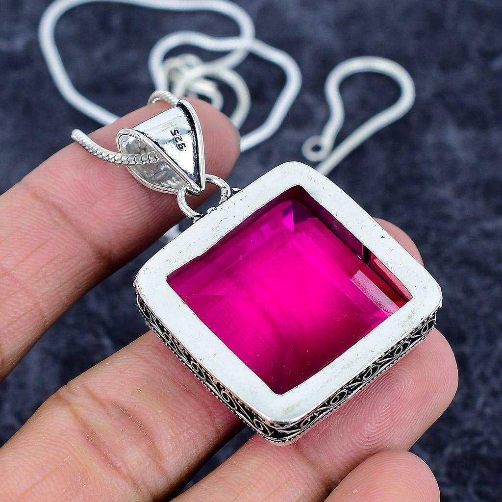 Pink Rubillite Gemstone Handmade 925 Sterling Silver Jewelry Pendant 1.89" M-3225