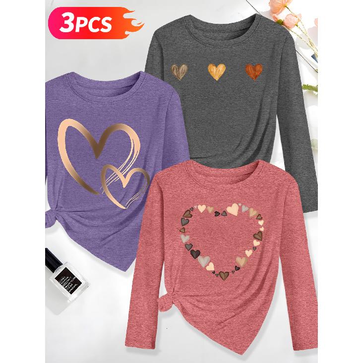 Lele Orientation Three-piece women s long-sleeve set Metallic gradient heart in three colors, light brown heart with gentle, simple, vintage print S
