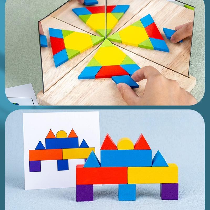 Children'S Mirror Building Building Block Puzzle, Kindergarten Early Education Puzzle Mirror Building Game Wooden Toy
