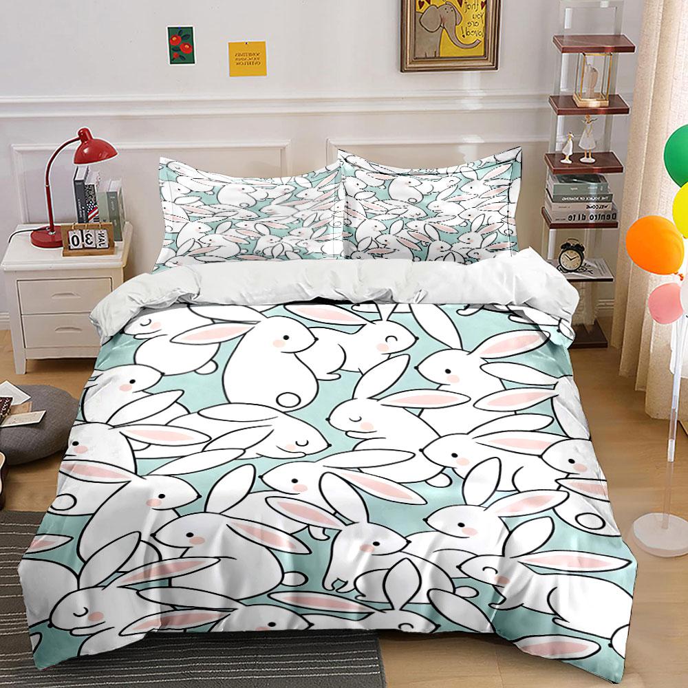 White Bunny Pattern Duvet Cover Set With 3D Printing Design Soft Polyester Bedding Set All-Season Comfort Machine Washable