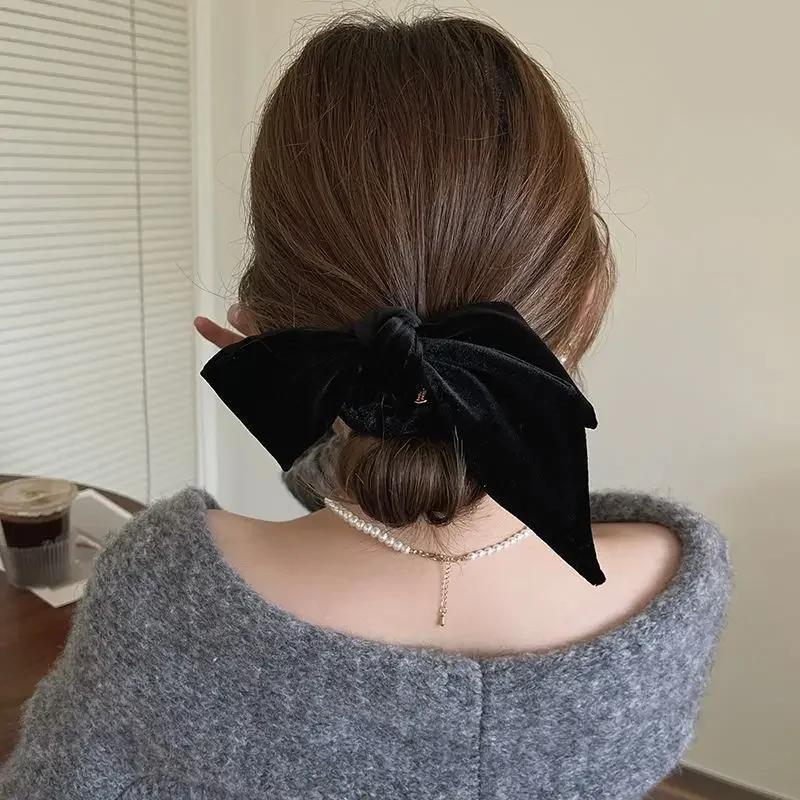 Vintage Velvet Bow Scrunchie Rabbit Knot Hair Rope Ribbon Elastic Ponytail Holder Hair Tie Solid Hair Accessories Winter
