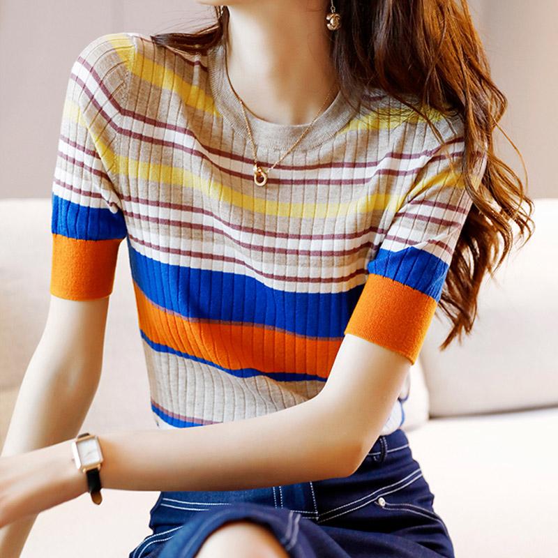 Women Sweaters Pullovers 2025 Summer Short Sleeve O-Neck Striped Slim Knitted Sweater Women Tops Pullover JJ315