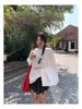 Women's Casual Long Sleeve Crew Neck Printed T-Shirt - Slimming, Sun Protection, Loose Fit, White Summer Cover-up.