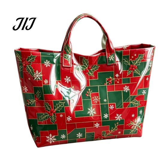 Christmas Theme Travel Bag PVC Tote for Women, Waterproof Spacious Plastic Handbag, Holiday Seasonal Handbag Large Top Handle Shopping, Beach, Travel,