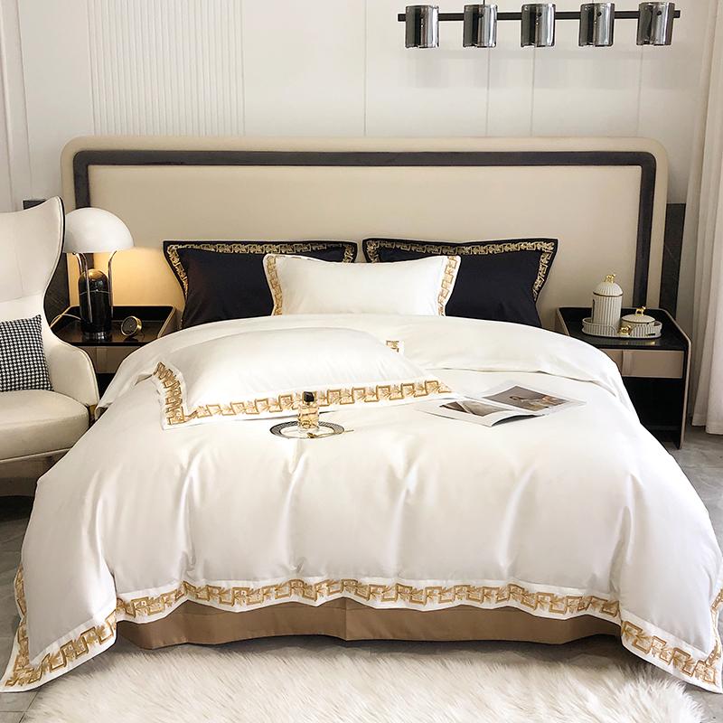 

1000TC Egyptian Cotton Luxury Gold Embroidery Bedding Set Black Khaki Patchwork Duvet Cover Bed Sheet Fitted Sheet Pillowcases Queen 200X230cm 4pcs