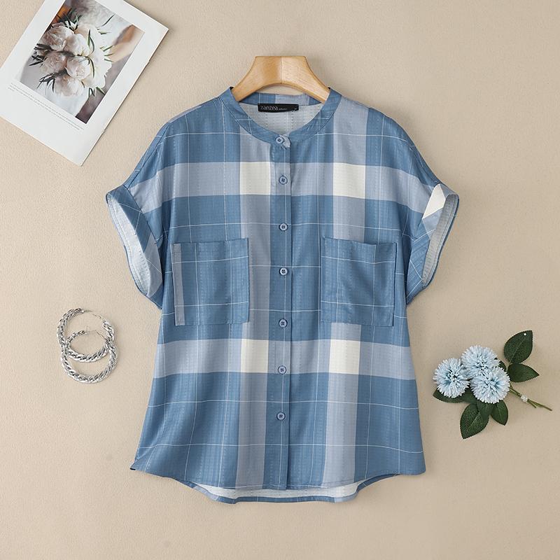 

ZANZEA Women Plaid Print Summer Casual Short Sleeve Blouse 2XL синий