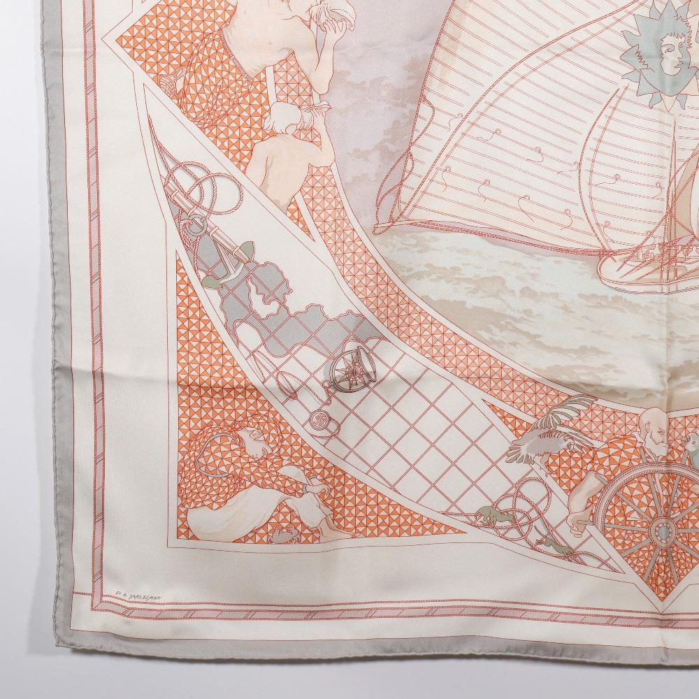Hermes Carree90 Scarf VOYAGE Au LONG COURS Ocean Voyage White Silk Women Used