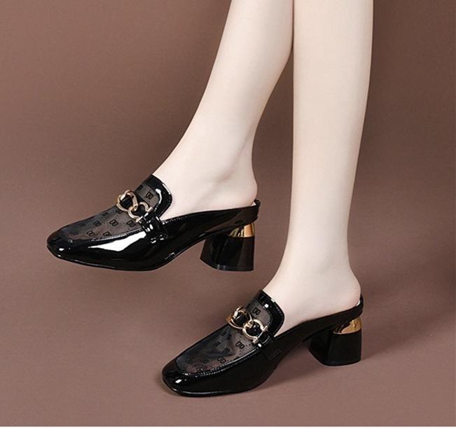 

Сетчатые полутапочки женские баотоу новые весенне-летние с полуподдержкой на среднем толстом каблуке для улицы прохладные тапочки женские увеличивают рост 40