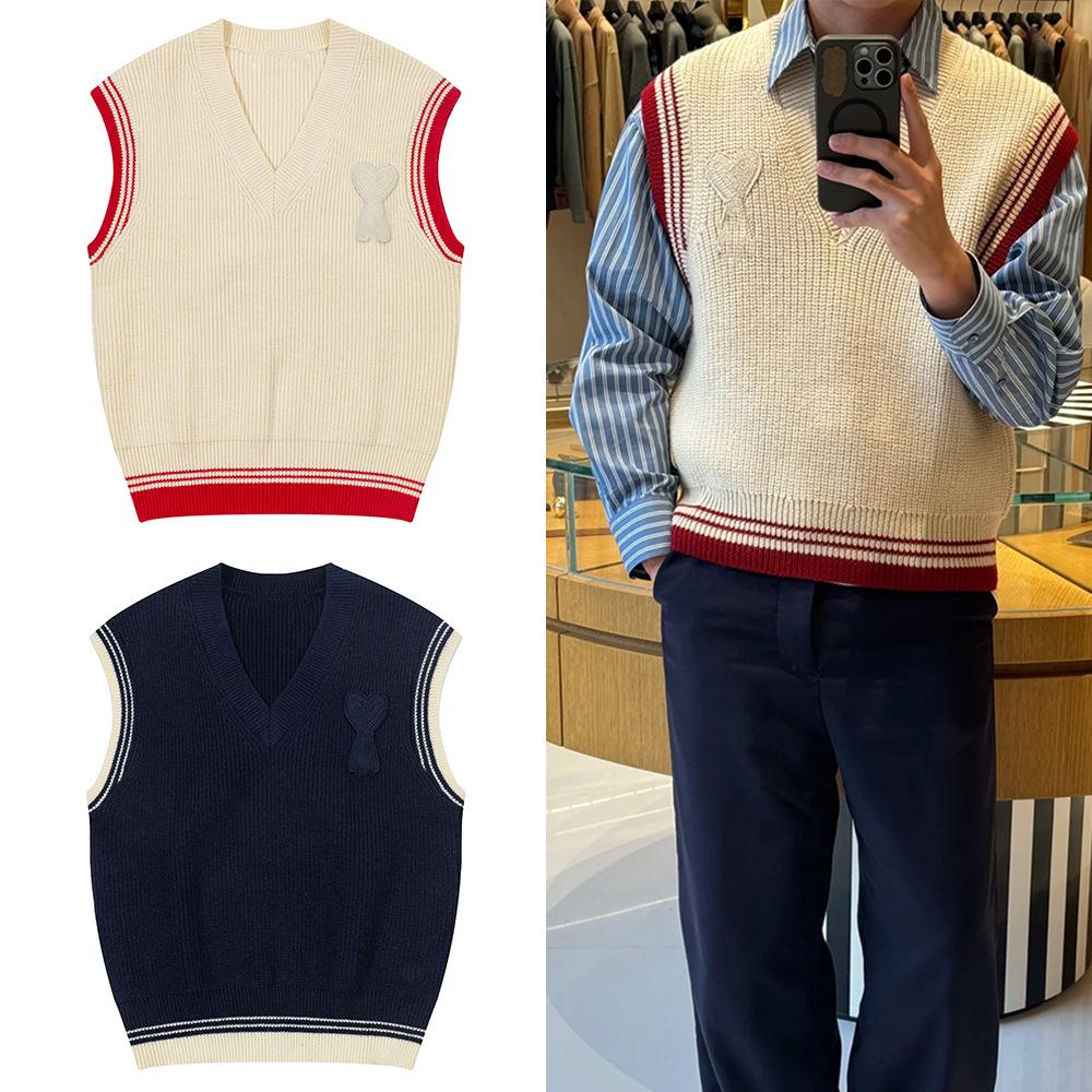 AMI ANCIENT Unisex V-Neck Love Letter Knit Vest - Autumn/Winter Color Block