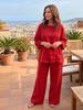 European & American Style Women's Cotton Linen Blend Shirt and Wide Leg Pants Set