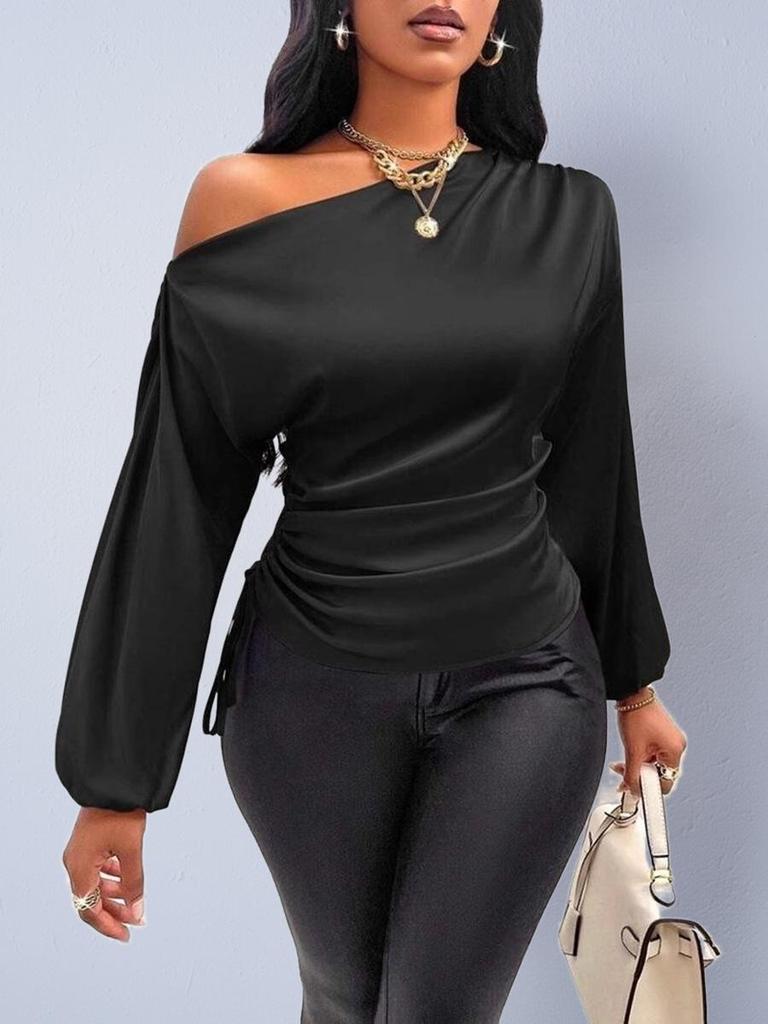 Asymmetrical Satin Blouse with Slanted Collar - Women's Spring/Autumn Collection