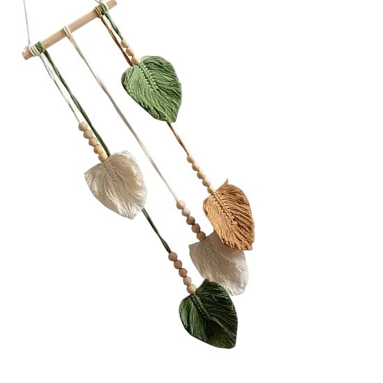 Handmade Bohemian Hanging Tapestry, Wooden Beads Woven Cotton Rope Leaf Tapestry, Living Room Bedroom Wall Art Decoration