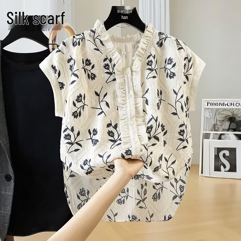 Women s Linen Blend Embroidered V-Neck Ruffle Cardigan Shirt M