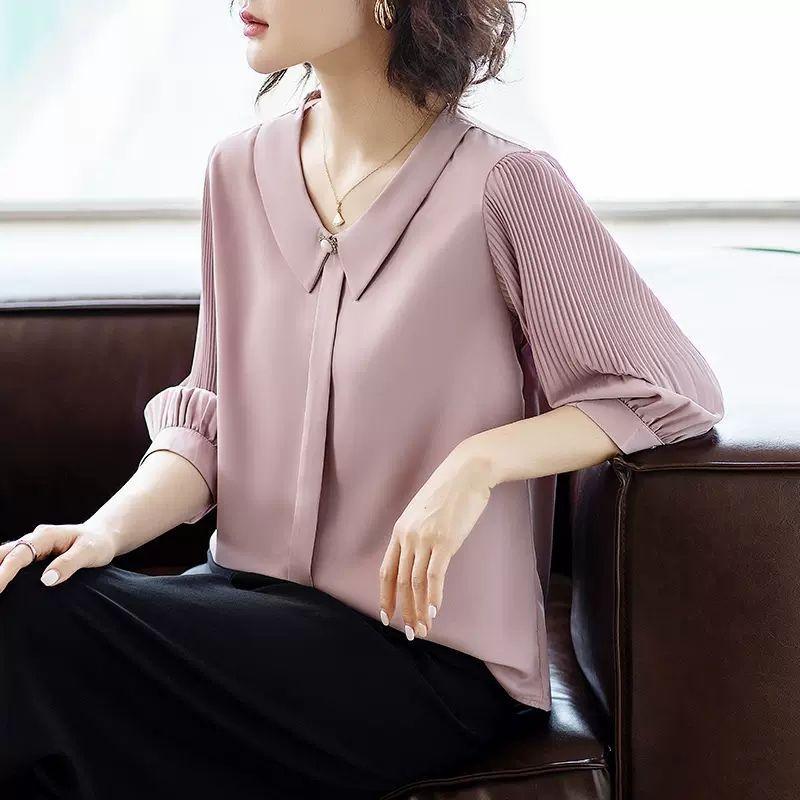 

Рубашка с полурукавом для офисной леди, стильные складки, летняя однотонная, отложной воротник, корейская женская одежда, универсальная свободная блузка 4XL зелёный