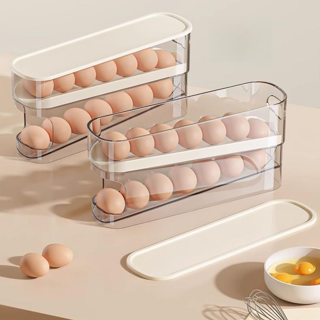 1PC Double-Layer Rolling Egg Storage Box,Space-Saving Refrigerator Organizer for,Transparent with Lid,Ideal for Home Use