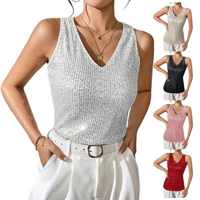 Damen Sexy Pailletten Tanktops Frühling Sommer Mode Glitzernde Ärmellose Shirts Party Glitzer Rundhals Tops Ausgehen