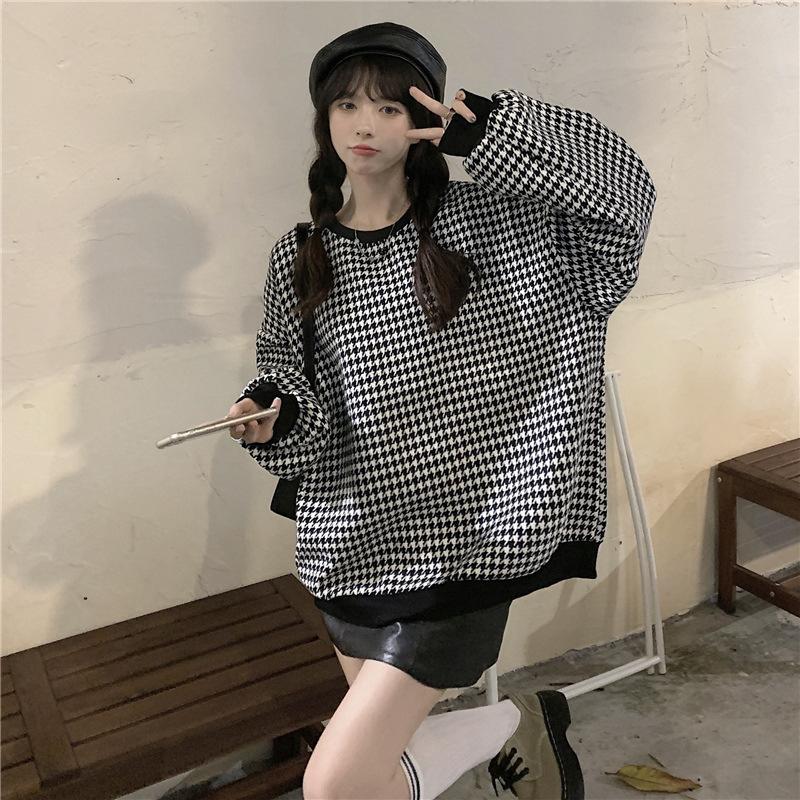 New Fall/Winter Flannelette And Thick Long Sleeved Thermal Sweater For Schoolgirl Plaid Mid-Length Round Neck Blouse