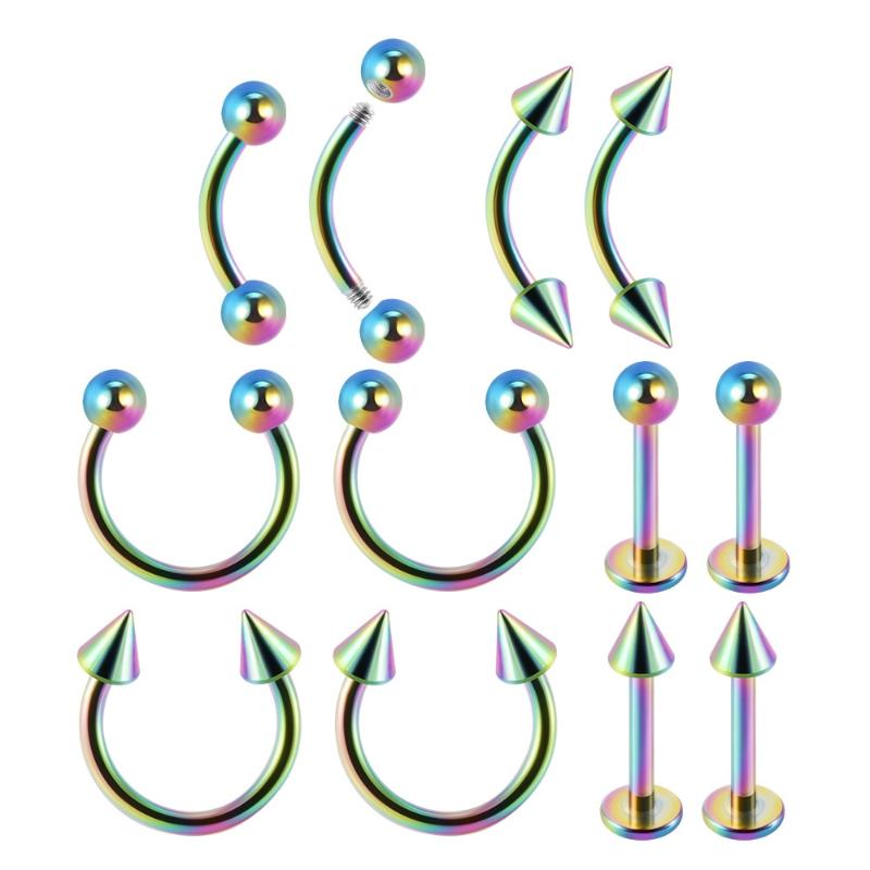 Set 12 Bucăți Oțel Chirurgical Culoare Argintie Placat cu Aur Negru Curcubeu Set Bijuterii de Piercing de Bază pentru Ureche Nas Sprânceană Labret 8Mm