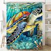 Handcrafted Tiled Turtle Shower Curtain Underwater Marine Life Artistic Decoration for Bathroom Blue Yellow White Patterned Fabr