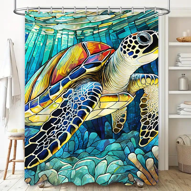 Handcrafted Tiled Turtle Shower Curtain Underwater Marine Life Artistic Decoration for Bathroom Blue Yellow White Patterned Fabr