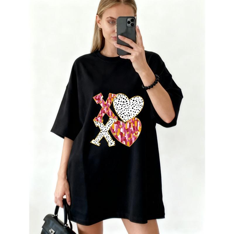Oversized T Shirt Dress Black Xo Heart Print With Leopard And Dalmatian Patterns Casual Wear For Women