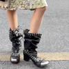 Designer Damenstiefel Trendige eckige Zehenpartie Lederstiefel Vintage Schnürstiefel mit Falten Mittelhohe Stiefel für Damen Mode-Stiefel mit dickem Absatz
