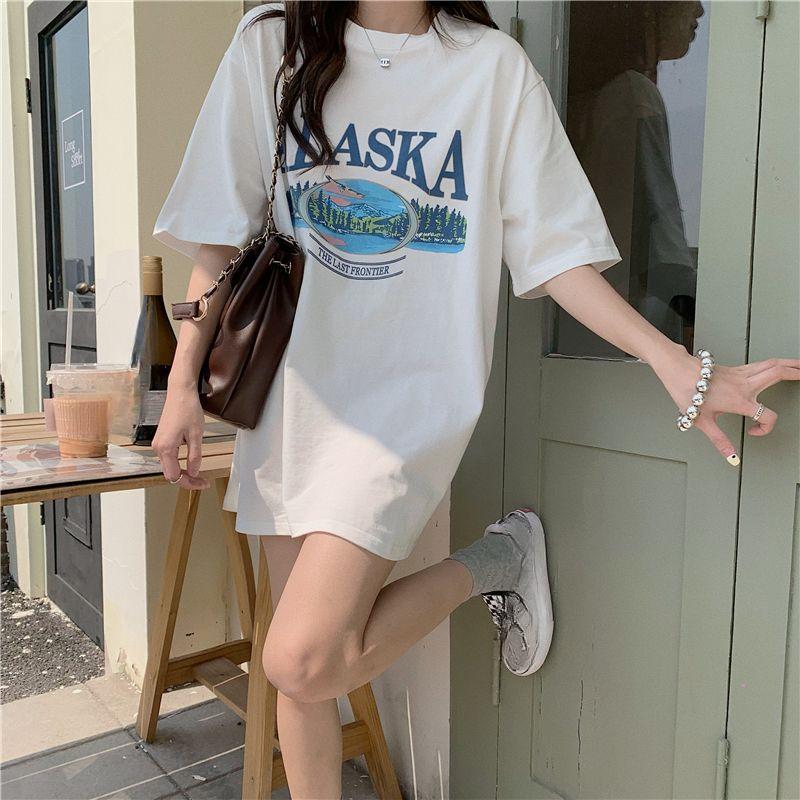 Kurzarm-T-Shirts aus reiner Baumwolle für Damen 2025 Sommer lässiges übergroßes T-Shirt Harajuku Buchstabendruck grau Y2k Tops Hip Hop Streetwear