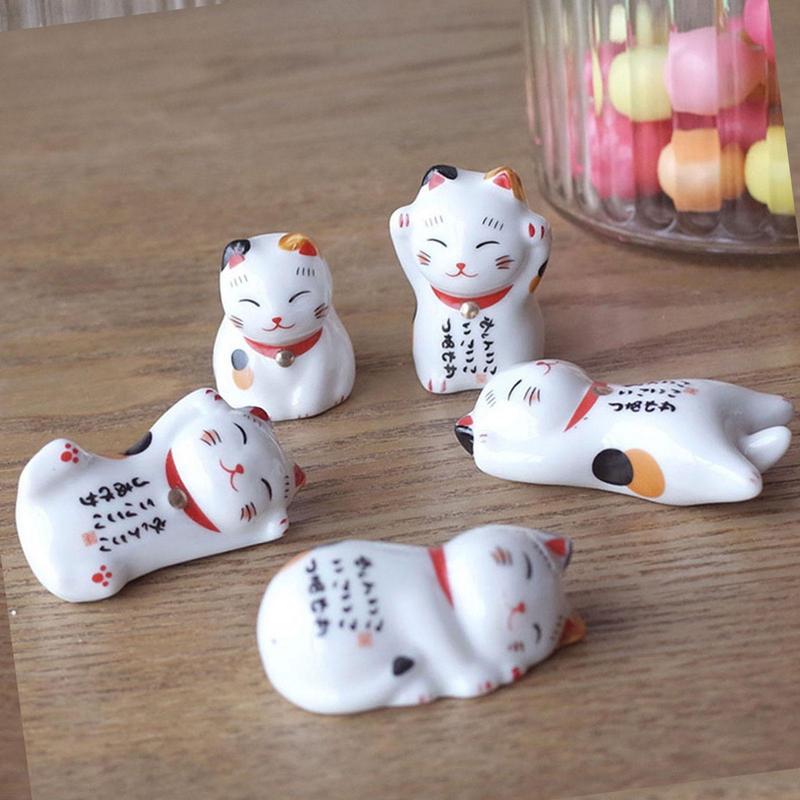 Chopstick Holder Japanese Style Ceramic Lucky Cat Chopsticks Rest Set 5Pc Chopsticks Holder Rack for Dinner Fork Spoon Tableware