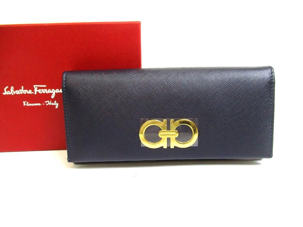 Authentic Salvatore Ferragamo Gancini Navy Blue Leather Gold H/W Flap Long Wallet #b230 Open box
