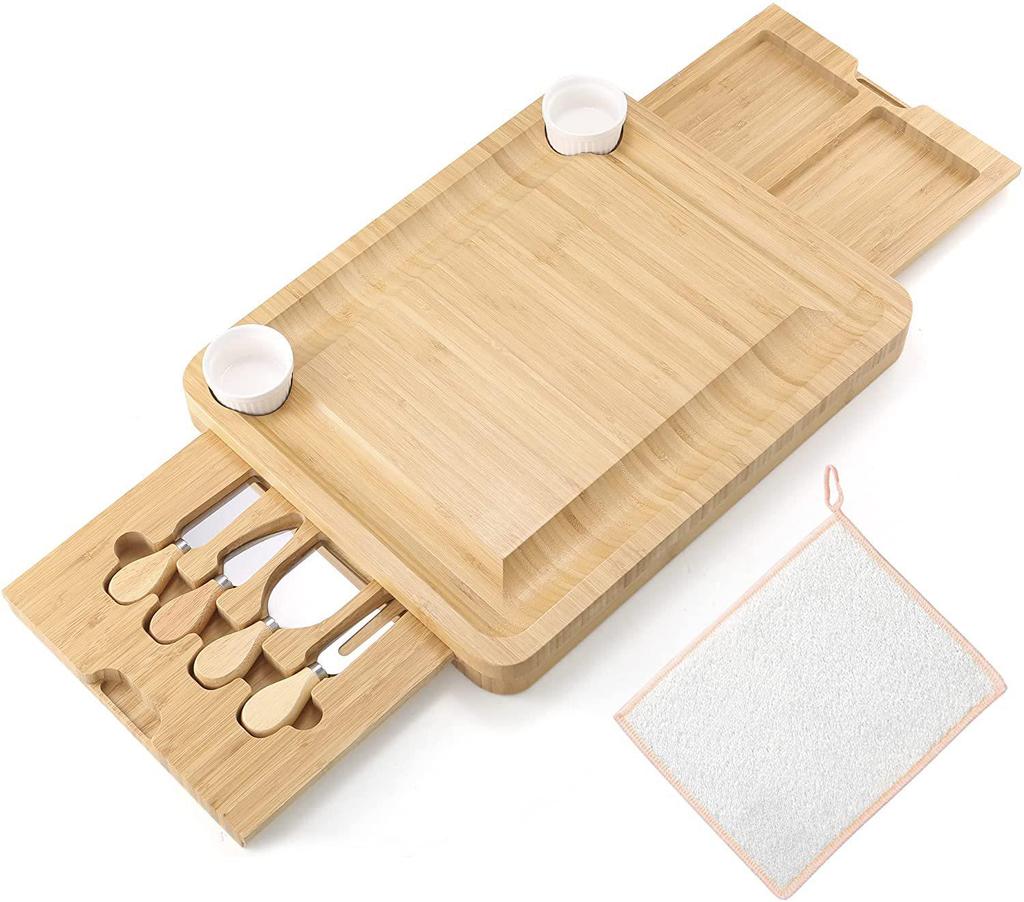 Bamboo Cheese Board with Knife Set and Drawer Tray