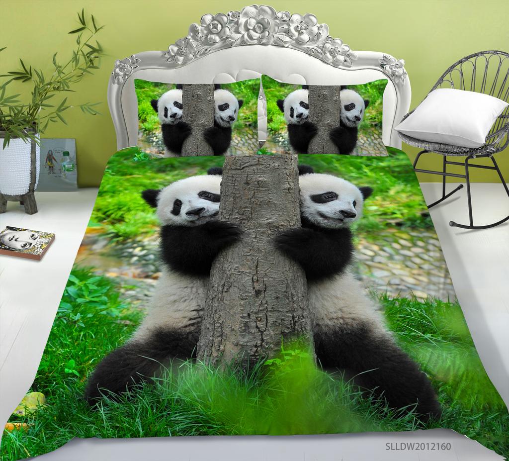 Panda Duvet Cover Set King Queen Cute Animal Different Poses Bamboo Branch Bedding Set Black White 2/3Pcs Quilt Cover