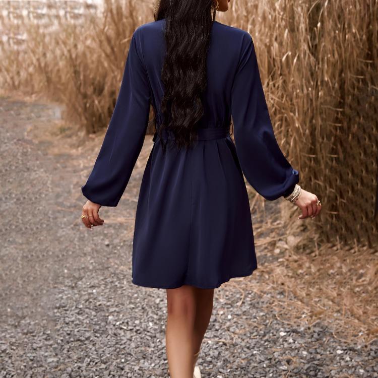 Elegant Women High Waist V Neck Lace Dress Long Sleeve Solid Fashion Mid Length Spring Autumn Dress