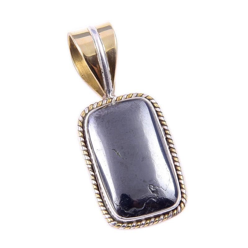 Natural Gunmetal Gemstone 925 Solid Sterling Silver Two Tone Pendant 1.50'' n4Y99