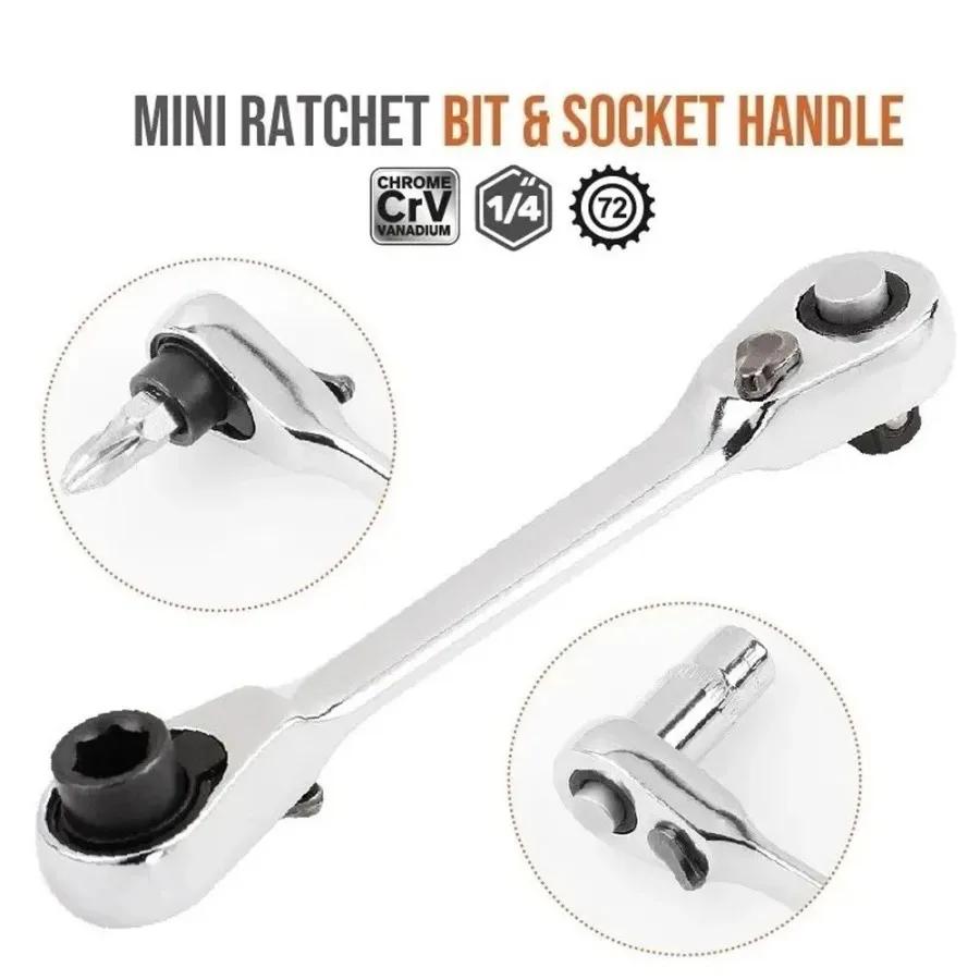 1/4 Inch Drive Tool, 72 Tooth Ratchet, Mini Double Ended Ratchet Wrench Quick Release Socket Set Hex Torque Tool for Automotive