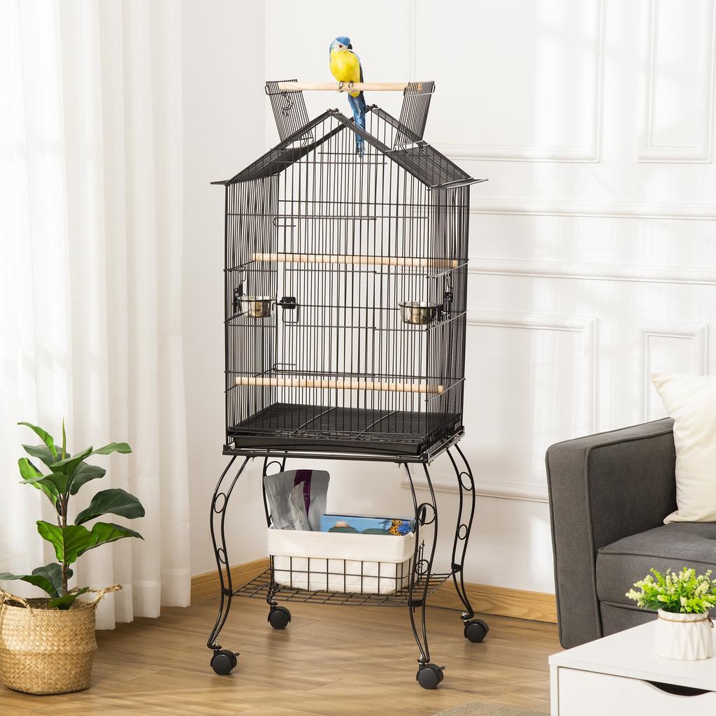 Bird Cage with Rolling Stand, Removable Tray & Feeders for Canaries Parakeets, 50x58x137-145 Cm, Black