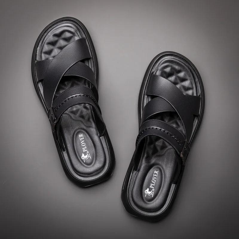 Genuine Leather Summer Shoes Men Sandals Flat Non-slip Soft Leather Mens Beach Sandals Holiday Shoes Black Brown A4613