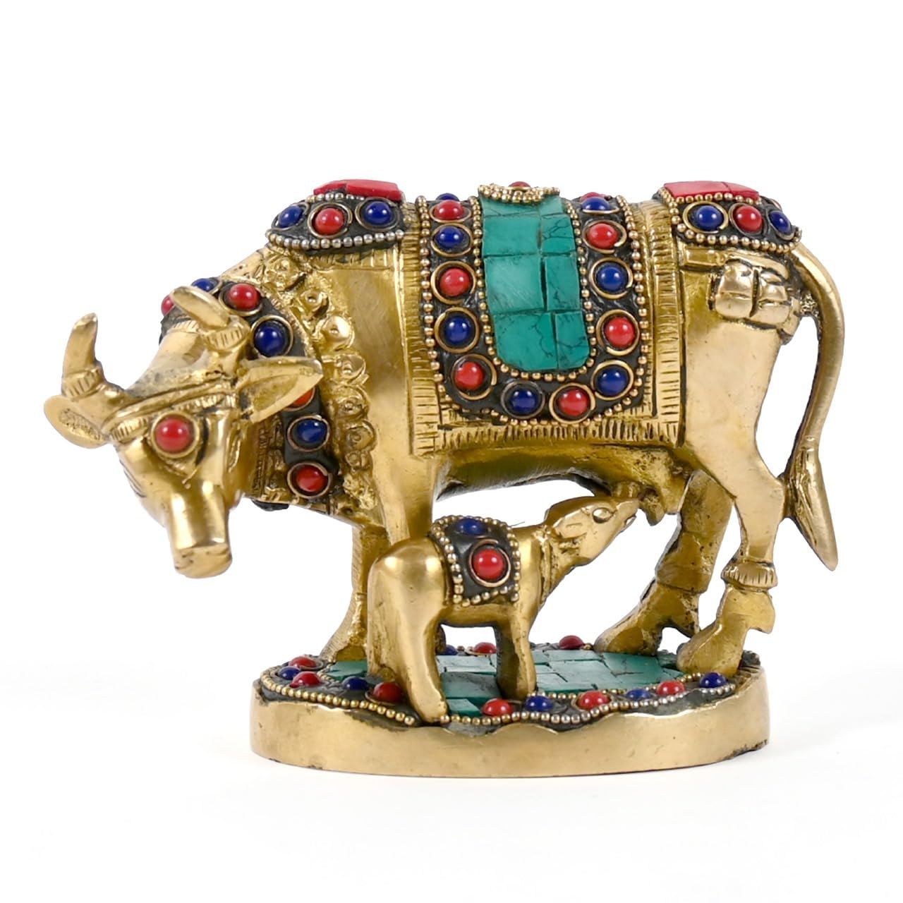 

Beautiful Brass Kamadhenu Cow With Calf Idol, Religious, Multicolor - 4 Inch