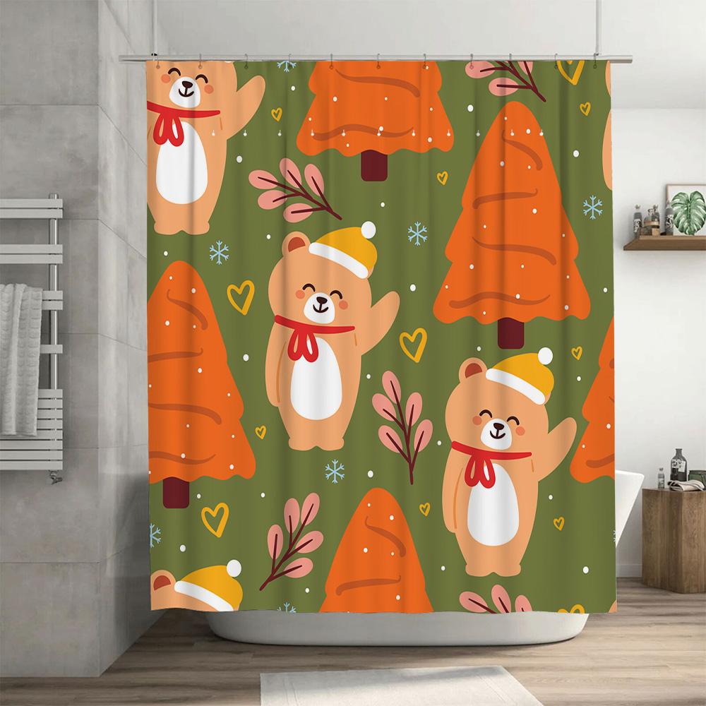 Whimsical Christmas Tree Bears Shower Curtain Set For Bathroom Decor Green Orange Plaid Fabric With Cute Cartoon Print