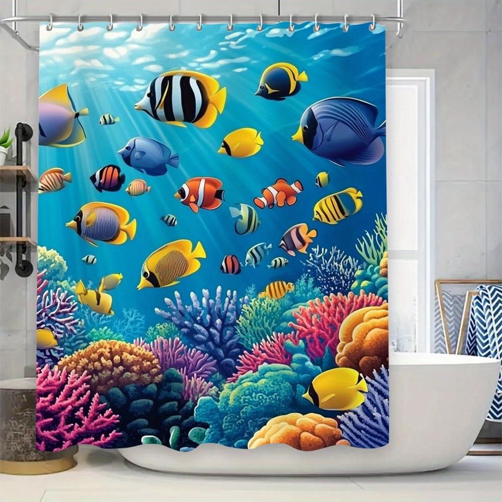 4Pcs Underwater World Shower Curtain Set with Non-Slip Bath Mat, Toilet Lid Cover, Contour Rug & 12 Hooks, Bathroom Decor