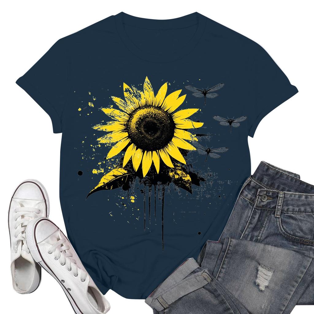 Women's Fashion Casual Printed Short Sleeve Round Neck Pullover Tops