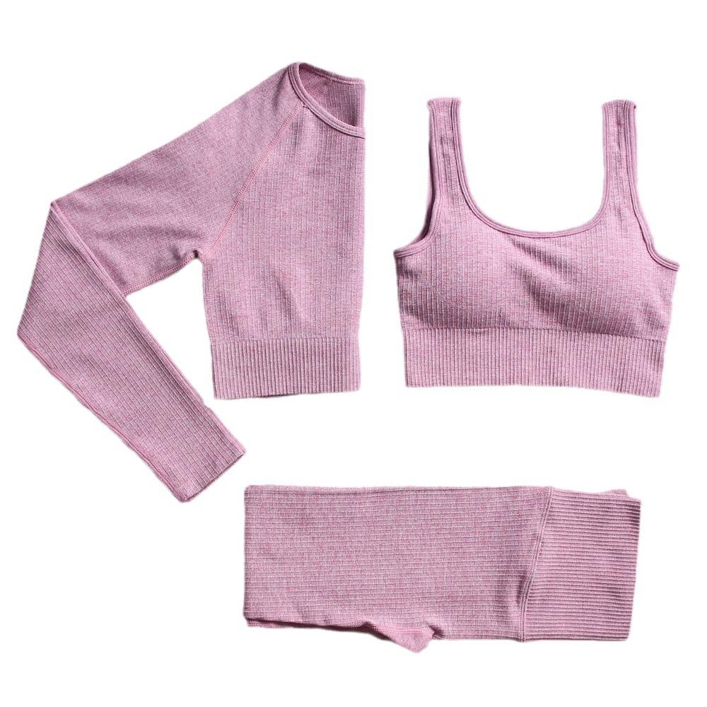 Women's Solid Color Seamless Ribbed Sports Bra and High Elastic Yoga Set