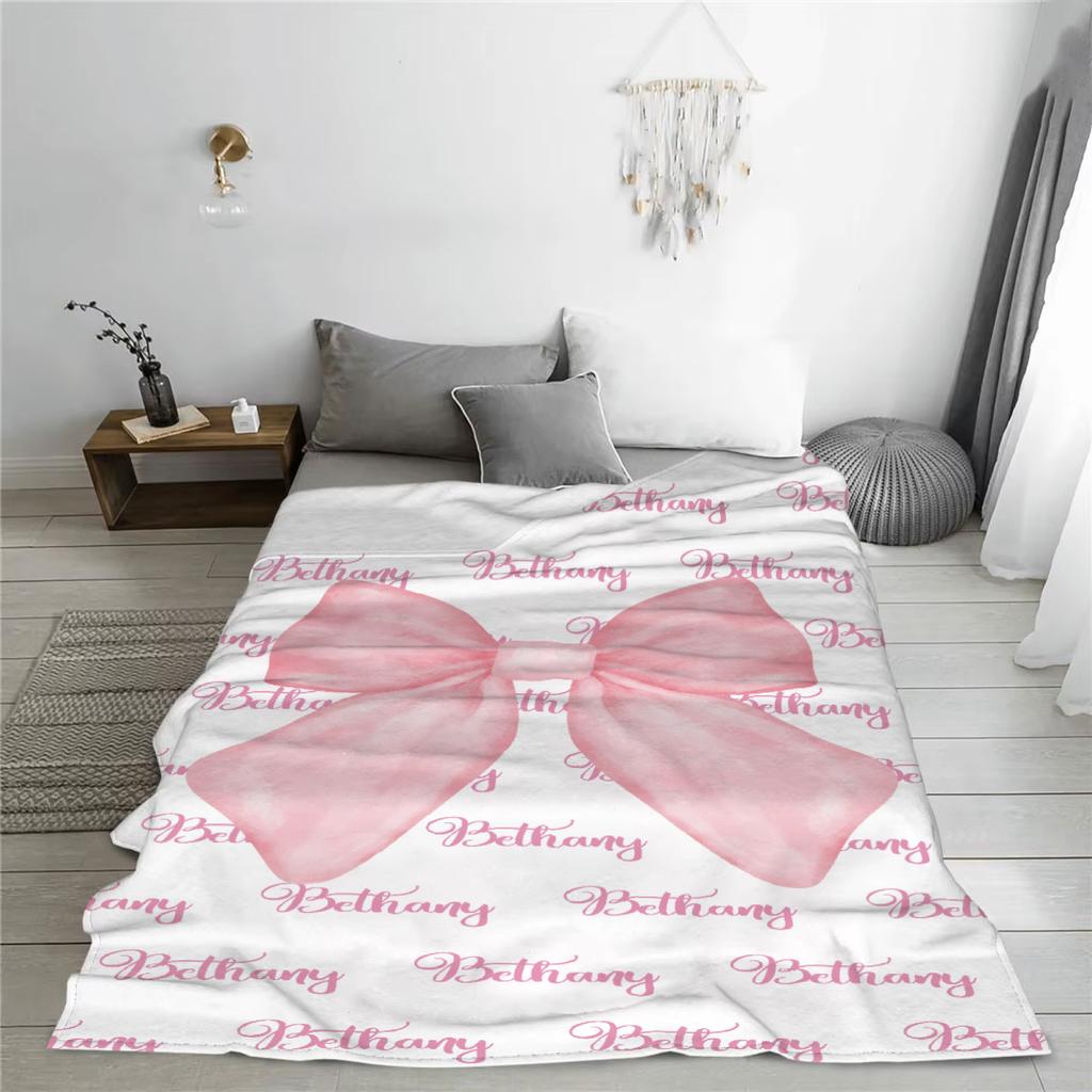 Pink Bow Blanket Custom Name Personalized Flannel Baby Blanket For Sofa Soft Birthday Gift Customized Blankets For Boys Girls