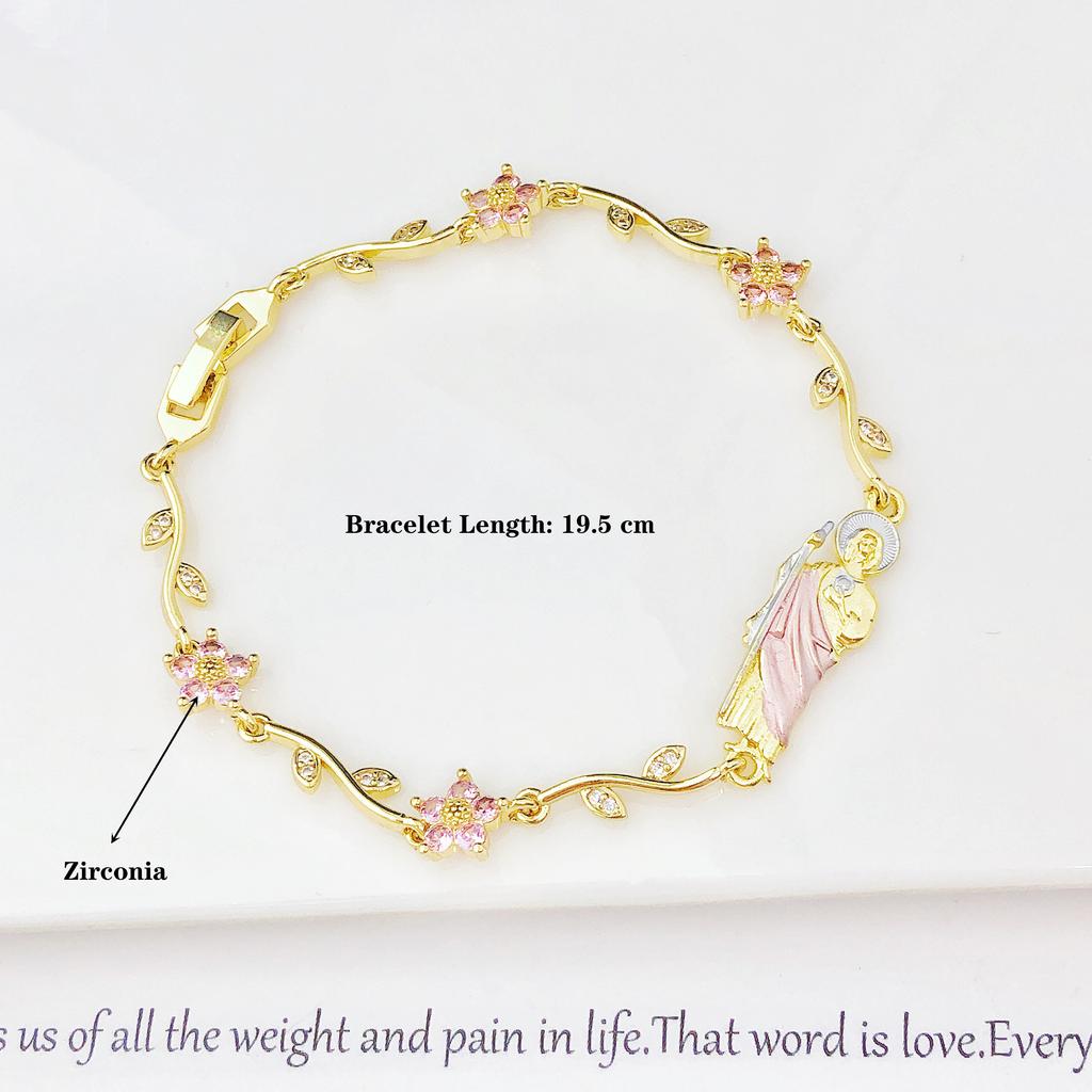 New Arrivals Pink Green Enamel Art St. Jude Rhinestone Flower Chain Bracelet Classic for Women Girl Party Religious Jewelry Gift