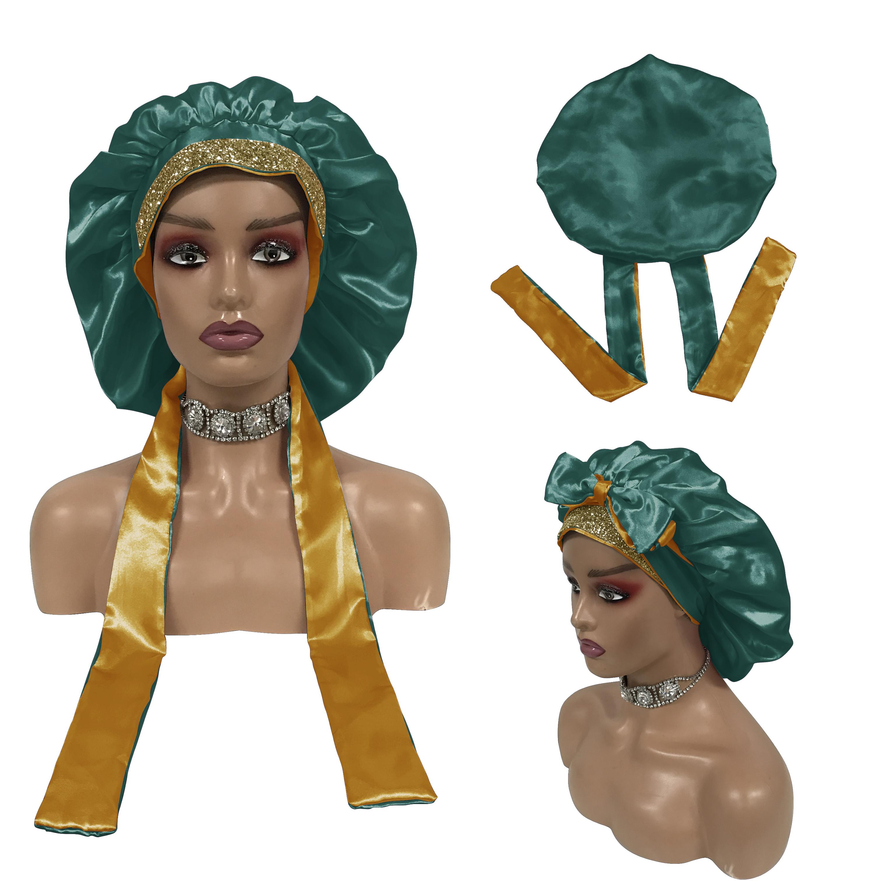 Wholesale Custom Silk Sleep Bonnet Long Tie Double Layer Rhinestone Bonnets Edge Wraps Satin Hair Bonnet