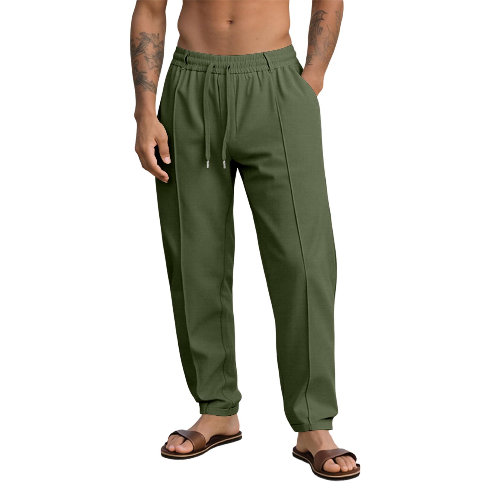 Men s Relaxed-Fit Casual Linen Stretch Trousers With Elastic Waist And Cuffed Legs M