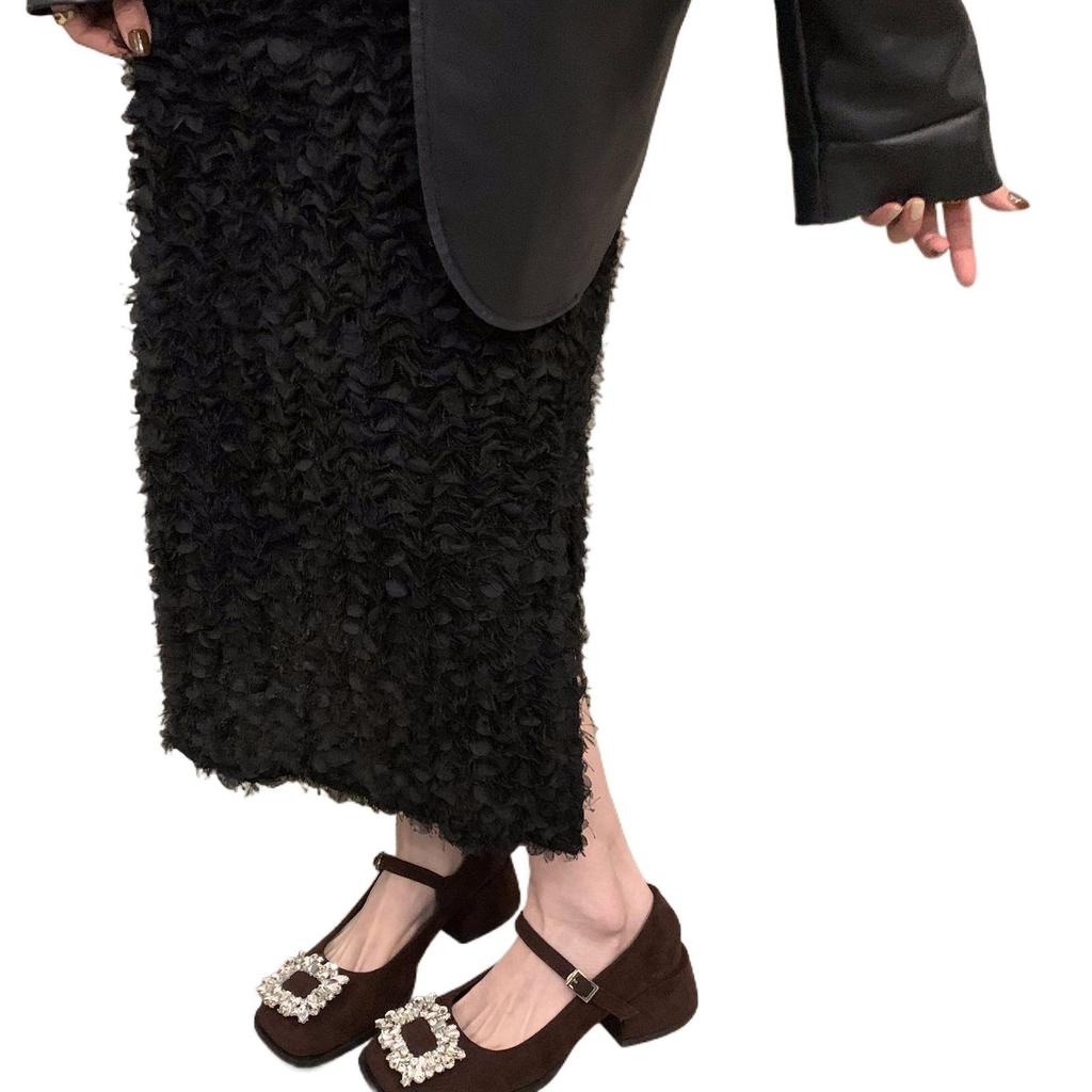 Thick heel high heels retro square head rhinestone Mary Jane small leather shoes women's shoes 2025 spring autumn winter black single shoes