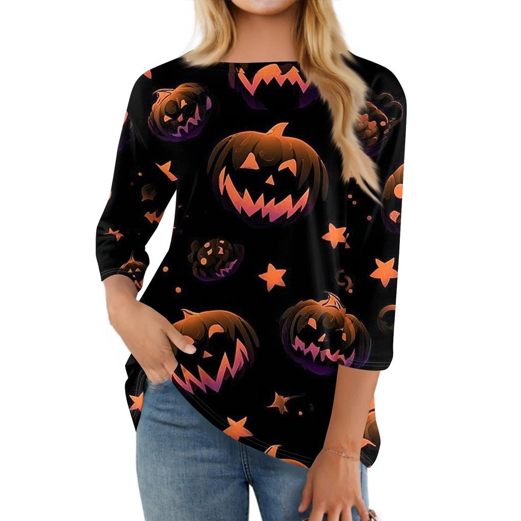 Women's Fashion Casual Round Neck Three-quarter Sleeve Halloween Printed T-shirt Top